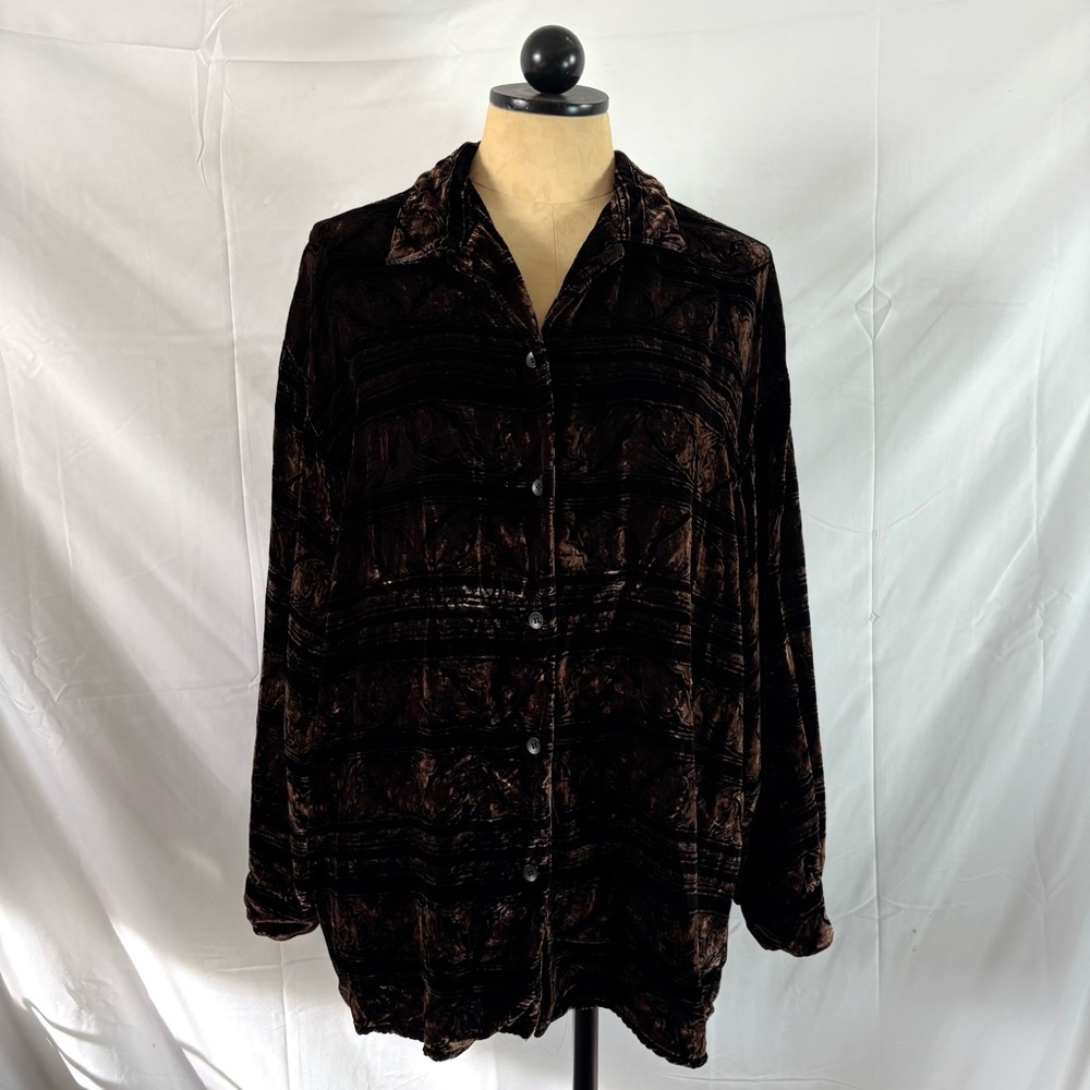 Vintage 90s velvet button up collared blouse top brown black whimsygoth XL XXL